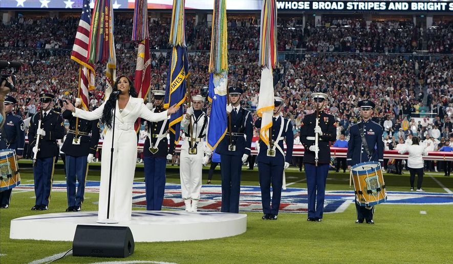 Demi Lovato performs the national anthem before the NFL Super Bowl 54 football game between the San Francisco 49ers and the Kansas City Chiefs Sunday, Feb. 2, 2020, in Miami Gardens, Fla. (AP Photo/David J. Phillip) ** FILE **