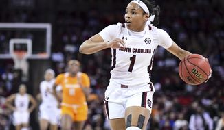 South Carolina guard Zia Cooke (1) dribbles against Tennessee during the first half of an NCAA college basketball game Sunday, Feb. 2, 2020, in Columbia, S.C. (AP Photo/Sean Rayford)