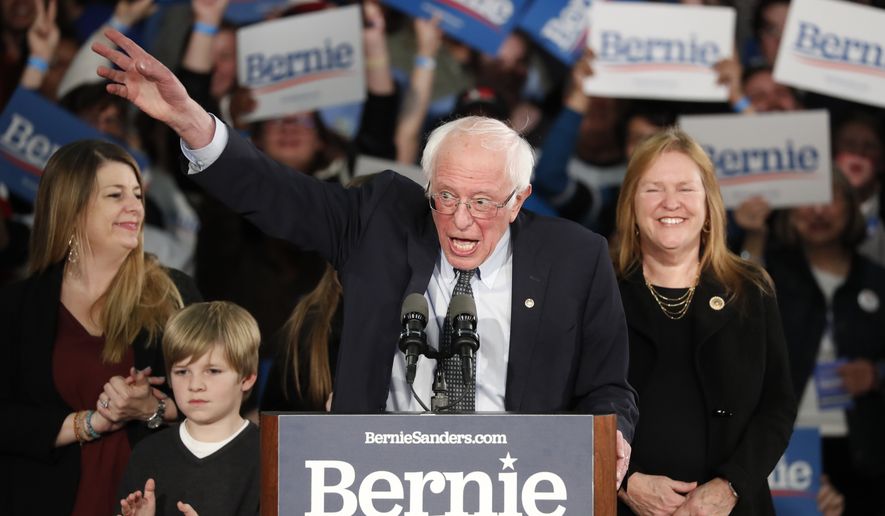 Democratic presidential candidate Sen. Bernie Sanders, I-Vt., speaks to supporters at a caucus night campaign rally in Des Moines, Iowa, Monday, Feb. 3, 2020. (AP Photo/Pablo Martinez Monsivais)