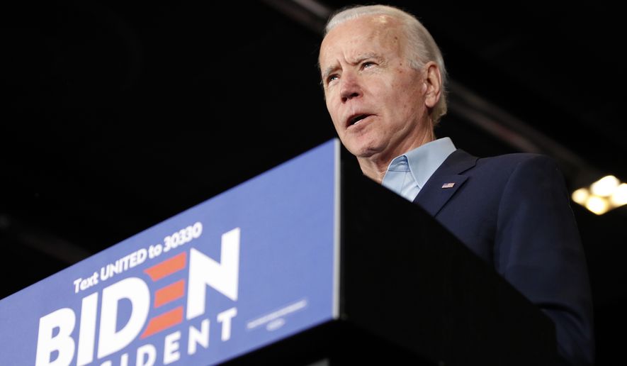 Democratic presidential candidate former Vice President Joe Biden speaks at a caucus night campaign rally on Monday, Feb. 3, 2020, in Des Moines, Iowa. (AP Photo/John Locher) **FILE**