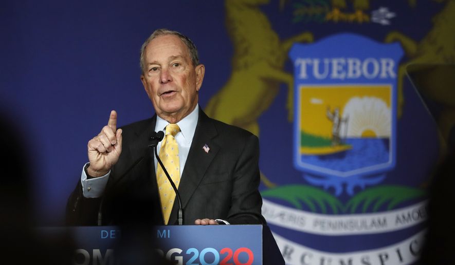 Democratic presidential candidate and former New York City Mayor Michael Bloomberg talks to supporters Tuesday, Feb. 4, 2020 in Detroit. (AP Photo/Carlos Osorio)