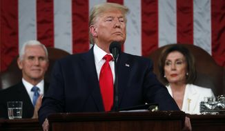 President Donald Trump delivers his State of the Union address to a joint session of Congress in the House Chamber on Capitol Hill in Washington, Tuesday, Feb. 4, 2020, as Vice President Mike Pence and Speaker Nancy Pelosi look on. (Leah Millis/Pool via AP)