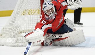 Washington Capitals goaltender Braden Holtby (70) bats away the puck during the first period of an NHL hockey game against the Los Angeles Kings, Tuesday, Feb. 4, 2020, in Washington. (AP Photo/Nick Wass) ** FILE **