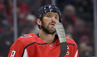 Washington Capitals left wing Alex Ovechkin, of Russia, examines his hockey stick during the first period of the team&#39;s NHL hockey game against the Los Angeles Kings, Tuesday, Feb. 4, 2020, in Washington. (AP Photo/Nick Wass) ** FILE **