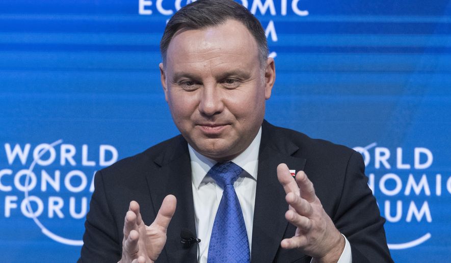 Andrzej Duda, President of Poland, speaks about the challenges of the North Atlantic Treaty Organization (NATO) during the 50th annual meeting of the World Economic Forum (WEF) in Davos, Switzerland, Thursday, Jan. 23, 2020. (Alessandro della Valle/Keystone via AP)
