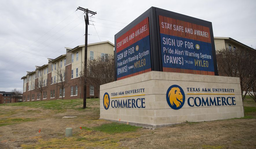 A sign outside of Pride Rock residence hall warns students following a shooting, Monday, Feb. 3, 2020, at Texas A&amp;amp;M University-Commerce in Commerce, Texas. (Juan Figueroa/The Dallas Morning News via AP)