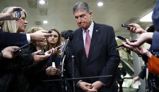 Sen. Joe Manchin, D-W.Va., speaks with reporters after President Donald Trump was acquitted in an impeachment trial on charges of abuse of power and obstruction of Congress on Capitol Hill in Washington, Wednesday, Feb. 5, 2020. (AP Photo/Patrick Semansky)