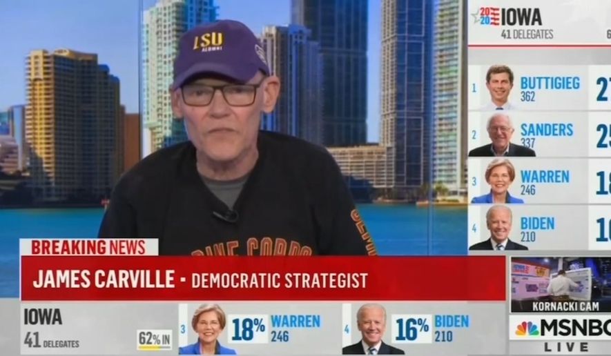 Political commentator James Carville discusses the 2020 election landscape on MSNBC, Feb. 4, 2020. (Image: MSNBC video screenshot) 