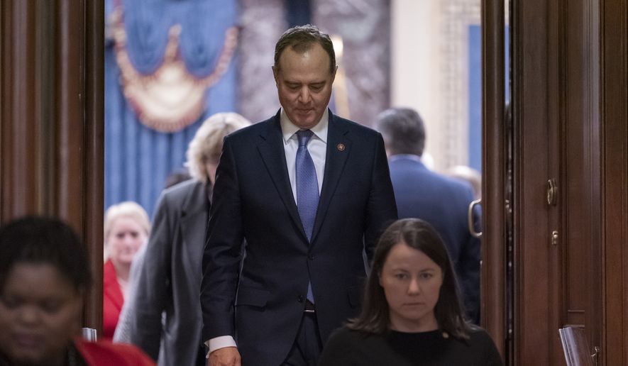 House Democratic impeachment manager, Intelligence Committee Chairman Adam Schiff, D-Calif., leaves the Senate chamber after the acquittal of President Donald Trump on charges of abuse of power and obstruction of Congress, at the Capitol in Washington, Wednesday, Feb. 5, 2020. (AP Photo/J. Scott Applewhite) **FILE**