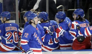 New York Rangers&#39; Filip Chytil (72) celebrates with teammates after scoring a goal during the first period of an NHL hockey game against the Toronto Maple Leafs Wednesday, Feb. 5, 2020, in New York. (AP Photo/Frank Franklin II)