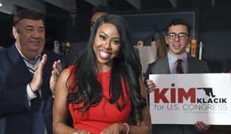 In this Nov. 12, 2019, photo, Republican Kim Klacik kicks off her run for the Congressional 7th district during a campaign event in Hunt Valley to replace the late Rep. Elijah Cummings, in Baltimore. Democrat Kweisi Mfume and Republican Kimberly Klacik won special primaries, Tuesday, Feb. 4, 2020, for the Maryland congressional seat that was held by the late Elijah Cummings. (Kenneth K. Lam/The Baltimore Sun via AP)  **FILE**