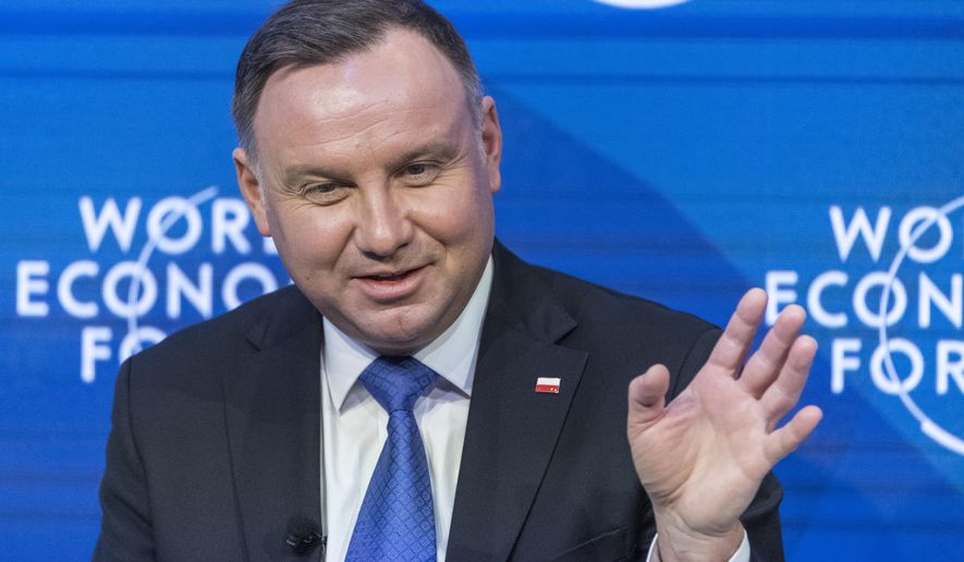 Andrzej Duda, President of Poland, speaks about the challenges of the North Atlantic Treaty Organization (NATO) during the 50th annual meeting of the World Economic Forum (WEF) in Davos, Switzerland, Thursday, Jan. 23, 2020. (Alessandro della Valle/Keystone via AP)