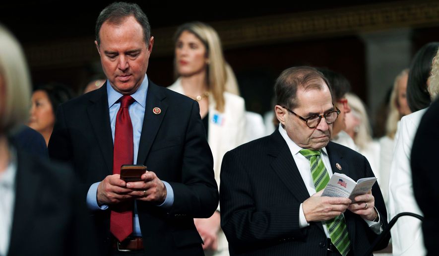 House Impeachment Manager Rep. Adam B. Schiff (left) has been investigating President Trump, his family and businesses, the Trump Organization, over the lawmaker's suspicions of blackmail, money laundering and bribery. (Associated Press)