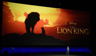 In this April 3, 2019, file photo, Sean Bailey, president of Walt Disney Studios Motion Picture Production, discusses the upcoming live-action film &quot;The Lion King&quot; during the Walt Disney Studios Motion Pictures presentation at CinemaCon 2019 at Caesars Palace in Las Vegas. The Walt Disney Co. has apologized to a California school that was charged a $250 licensing fee after showing the company&#39;s film &quot;The Lion King&quot; during a fundraiser. Emerson Elementary School in Berkeley was billed by Movie Licensing USA on behalf of Disney for &quot;illegally screening&quot; the film at a &quot;parent&#39;s night out&quot; event that raised $800 last year, KPIX-TV reported Thursday, Feb. 5. (Photo by Chris Pizzello/Invision/AP, File)