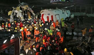 Rescue members evacuate an injured person from the wreckage of a plane after it skidded off the runway at Istanbul&#39;s Sabiha Gokcen Airport, in Istanbul, Wednesday, Feb. 5, 2020. The plane skidded off as it tried to land in bad weather, crashing into a field and breaking into pieces. Passengers had to evacuate through cracks in the smashed plane and authorities said 120 people were sent to the hospital with injuries. (AP Photo/Emrah Gurel)