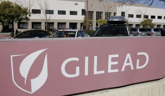 This Thursday, March 12, 2009, file photo shows Gilead Sciences Inc. headquarters in Foster City, Calif. Scientists in the city at the center of China’s virus outbreak have applied to patent a drug made by U.S. company Gilead Science Inc. to treat the disease, possibly fueling more of the conflict over technology policy that helped trigger Washington’s tariff war with Beijing. (AP Photo/Paul Sakuma, File)