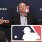 MLB Commissioner Rob Manfred answers questions at a press conference during MLB baseball owners meetings, Thursday, Feb. 6, 2020, in Orlando, Fla. (AP Photo/John Raoux) **FILE**