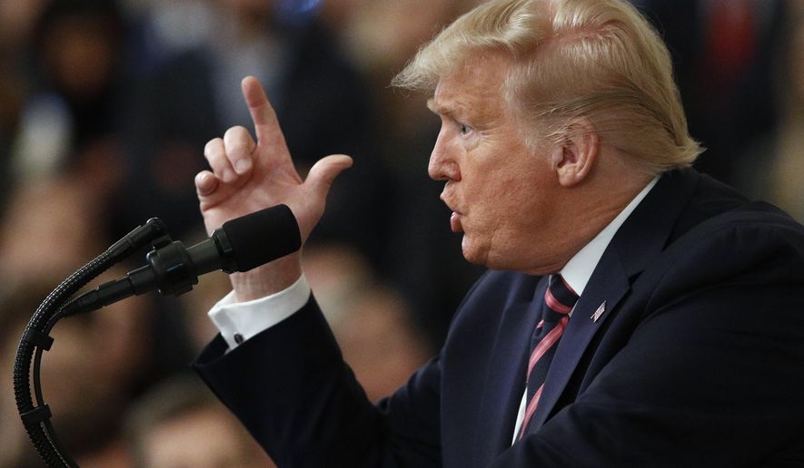 President Donald Trump gestures as he speaks in the East Room of the White House in Washington, Thursday, Feb. 6, 2020. (AP Photo/Patrick Semansky)