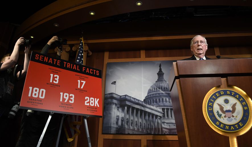 Senate Majority Leader Mitch McConnell of Ky., speaks during a news conference on Capitol Hill in Washington, Wednesday, Feb. 5, 2020, following a vote in the Senate to acquit President Donald Trump on both articles of impeachment. (AP Photo/Susan Walsh)