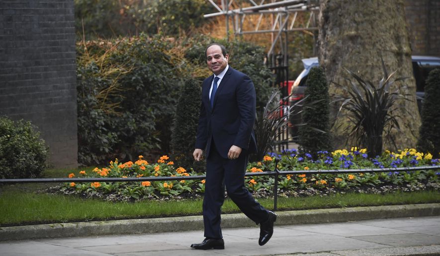 Egypt&#39;s President Abdel Fattah el-Sisi arrives at 10 Downing Street, in London, Tuesday, Jan. 21, 2020, for a bilateral meeting with Britain&#39;s Prime Minister Boris Johnson. (AP Photo/Alberto Pezzali)