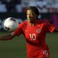 Canada defender Ashley Lawrence brings the ball downfield during the first half of a CONACAF women&#x27;s Olympic qualifying soccer match against Costa Rica on Friday, Feb. 7, 2020, in Carson, Calif. (AP Photo/Chris Carlson)