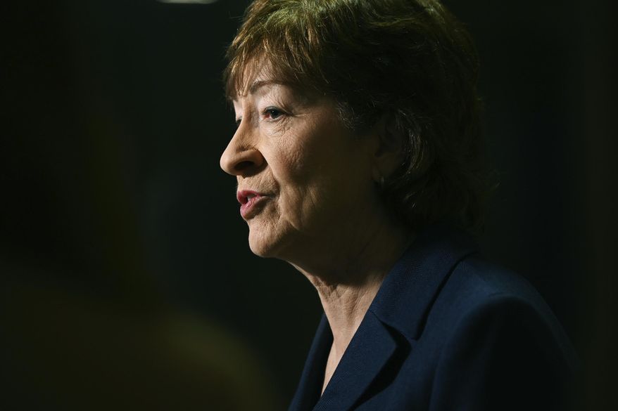 Senator Susan Collins delivers remarks at the Maine Chiefs of Police Association Winter Conference in South Portland, Maine, Friday, Feb. 7, 2020. (Shawn Patrick Ouellette/Portland Press Herald via AP)