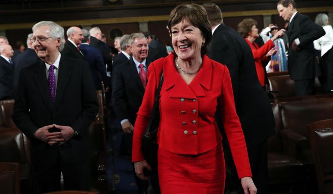 Sen. Susan Collins, R-Maine, arrives for President Donald Trump&#x27;s State of the Union address to a joint session of Congress in the House Chamber on Capitol Hill in Washington, Tuesday, Feb. 4, 2020. (Leah Millis/Pool via AP)