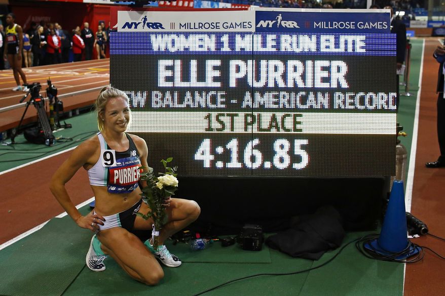 Elle Purrier after winning the NYRR Wanamaker Mile set a new American Record at the Millrose Games track and field meet Saturday, Feb. 8, 2020, in New York. (AP Photo/Adam Hunger)