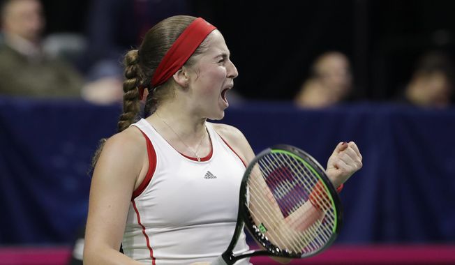 Latvia&#x27;s Jelena Ostapenko reacts to winning a game against United States&#x27; Sofia Kenin in their third set during a Fed Cup qualifying tennis match Saturday, Feb. 8, 2020, in Everett, Wash. (AP Photo/Elaine Thompson)