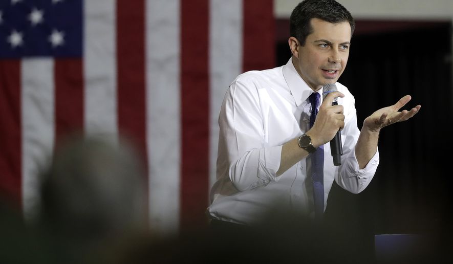 Democratic presidential candidate former South Bend, Ind., Mayor Pete Buttigieg speaks to an audience during a campaign rally, Sunday, Feb. 9, 2020, in Dover, N.H. (AP Photo/Steven Senne)