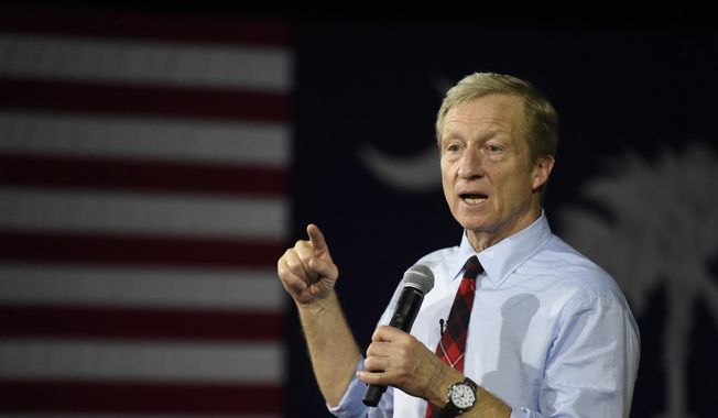 Democratic presidential hopeful Tom Steyer speaks at a campaign town hall event, Monday, Feb. 10, 2020, in Rock Hill, S.C. (AP Photo/Meg Kinnard)