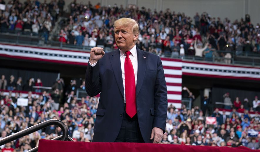 President Trump holds a campaign rally at SNHU Arena in Manchester, New Hampshire, on Feb. 10, 2020. (Associated Press) **FILE**