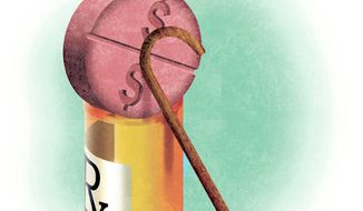 Illustration on overpriced prescription drugs for seniors by Alexander Hunter/The Washington Times