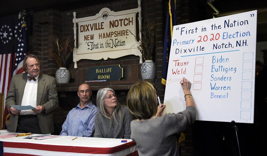 From left, moderator Tom Tillotson, supervisor of the checklist Joe Casey and town clerk Deborah Tillotson look on as Coralie Stepanian marks a Republican write-in vote on the board for Democratic candidate and former New York Mayor Michael Bloomberg during the presidential primary election midnight vote at The Balsams Resort in Dixville Notch, N.H., early Tuesday, Feb. 11, 2020. Three of the five votes went to Bloomberg. (Paul Hayes/Caledonian-Record via AP)