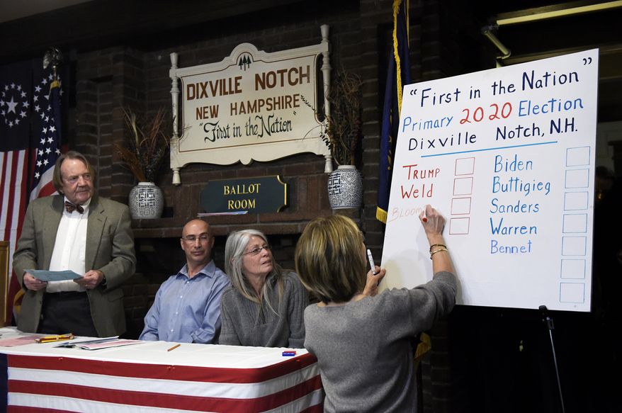 From left, moderator Tom Tillotson, supervisor of the checklist Joe Casey and town clerk Deborah Tillotson look on as Coralie Stepanian marks a Republican write-in vote on the board for Democratic candidate and former New York Mayor Michael Bloomberg during the presidential primary election midnight vote at The Balsams Resort in Dixville Notch, N.H., early Tuesday, Feb. 11, 2020. Three of the five votes went to Bloomberg. (Paul Hayes/Caledonian-Record via AP)