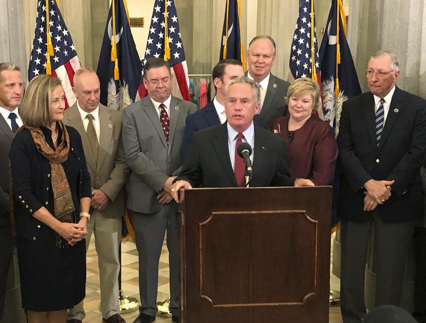 Retired U.S. Army Maj. Gen. William Grimsley discusses his plan for the new South Carolina Department of Veterans Affairs on Tuesday, Feb. 11, 2020, in Columbia, S.C. Gov. Henry McMaster nominated Grimsley for the job Tuesday. (AP Photo/Jeffrey Collins)