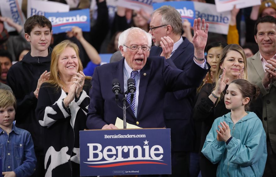 Democratic presidential candidate Sen. Bernie Sanders, I-Vt., speaks to supporters at a primary night election rally in Manchester, N.H., Tuesday, Feb. 11, 2020. (AP Photo/Pablo Martinez Monsivais)