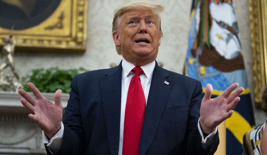 President Donald Trump speaks during a meeting with Ecuadorian President Lenin Moreno in the Oval Office of the White House, Wednesday, Feb. 12, 2020, in Washington. (AP Photo/Evan Vucci)