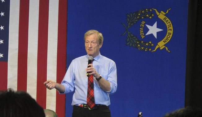 In this Tuesday, Feb. 11, 2020, photo, Democratic presidential hopeful Tom Steyer speaks to about 200 people during a town hall gathering at the National Automobile Museum, in Reno, Nev. The California billionaire says his campaign is &amp;quot;doing fine&amp;quot; despite dismal showings in Iowa and New Hampshire, but has to do &amp;quot;very well&amp;quot; in the Nevada caucuses next up Feb. 22. (AP Photo/Scott Sonner)