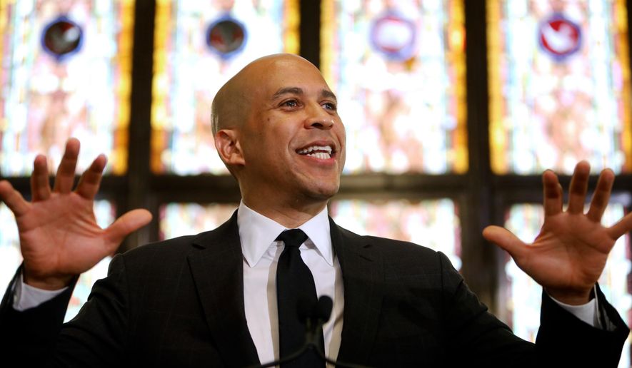 In this Aug. 7, 2019 file photo, Democratic presidential candidate, Sen. Cory Booker, D-N.J., speaks about gun control at Mother Emanuel AME Church, in Charleston, S.C. (AP Photo/Mic Smith, File)
