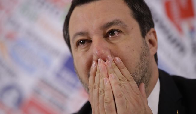 Opposition populist leader Matteo Salvini gestures during press conference at the Foreign Press association, in Rome, Thursday, Feb. 13, 2020. The Italian Senate voted by a large margin Wednesday to allow the prosecution of Salvini for making 131 rescued migrants to remain on a coast guard vessel for days when he was Italy&#x27;s interior minister. (AP Photo/Alessandra Tarantino)