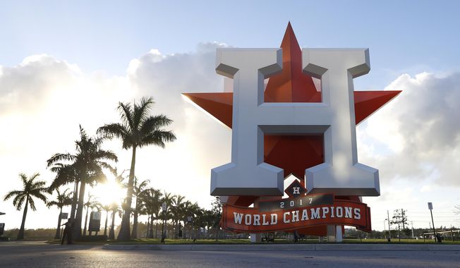 This Wednesday, Feb. 12, 2020 photo shows the outside of the Houston Astros spring training facility at the Fitteam Ballpark of The Palm Beaches in West Palm Beach, Fla. (Karen Warren/Houston Chronicle via AP)