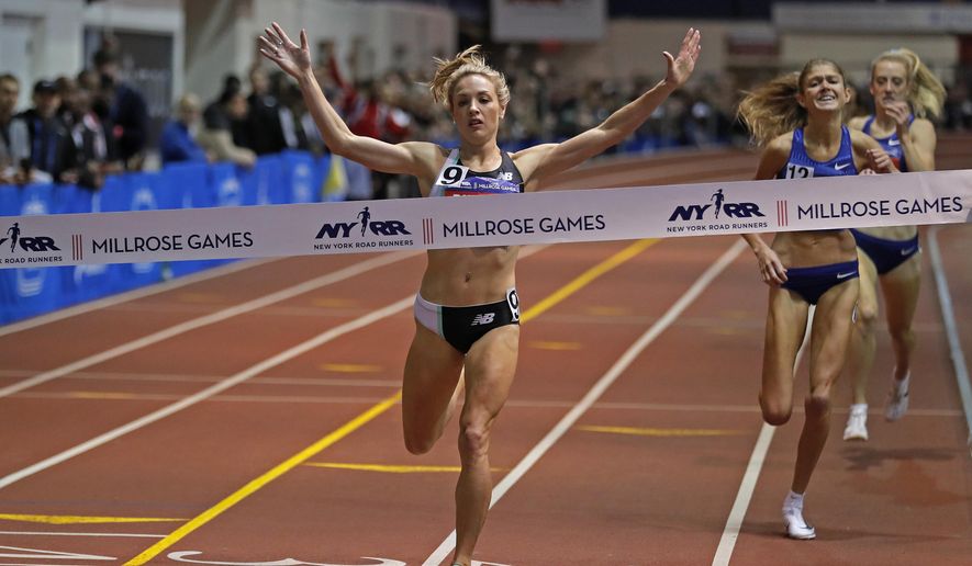 Elle Purrier reacts after winning the NYRR Wanamaker Mile at the Millrose Games track and field meet Saturday, Feb. 8, 2020, in New York. (AP Photo/Adam Hunger)
