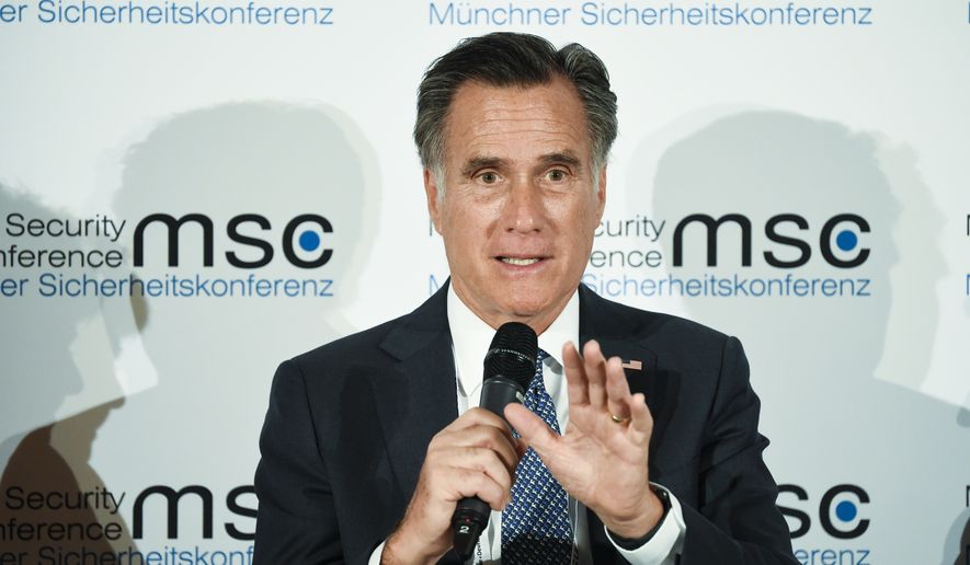 Sen. Mitt Romney, R-Utah, speaks during a session on the first day of the Munich Security Conference in Munich, Germany, Friday, Feb. 14, 2020. (AP Photo/Jens Meyer) ** FILE **