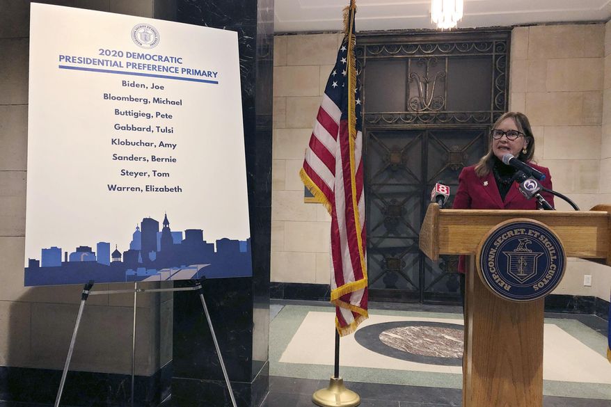 Connecticut Secretary of the State Denise Merrill announces the names of Democratic candidates who will appear on the state's presidential primary ballots on April 28, during a news conference in Hartford, Feb. 14, 2020. (AP Photo/Sue Haigh)