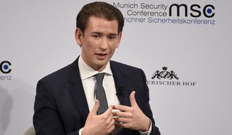 Austrian Chancellor Sebastian Kurz speaks on the first day of the Munich Security Conference in Munich, Germany, Friday, Feb. 14, 2020. (AP Photo/Jens Meyer)b