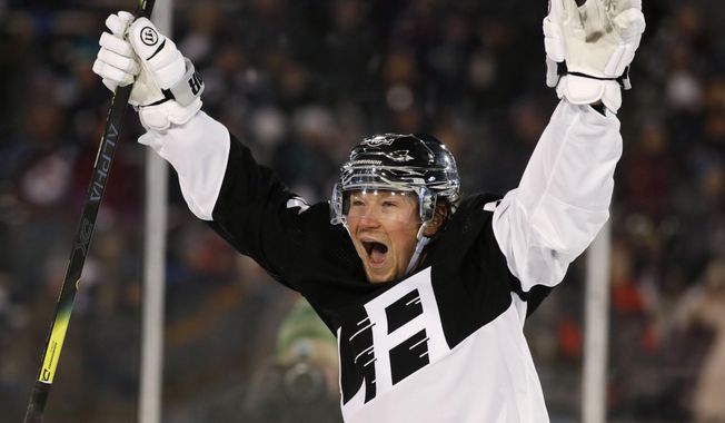 Los Angeles Kings right wing Tyler Toffoli celebrates after scoring the go-ahead goal against the Colorado Avalanche during the third period of an NHL hockey game Saturday, Feb. 15, 2020, at Air Force Academy, Colo. The Kings won 3-1. (AP Photo/David Zalubowski)