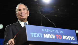 Democratic presidential candidate Michael Bloomberg speaks at his early vote rally at Rocketown in Nashville, Tenn., Wednesday, Feb. 12, 2020. (George Walker IV/The Tennessean via AP)