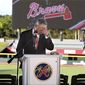 Baseball commissioner Rob Manfred pauses before answering a question about the Houston Astros, during a news conference at the Atlanta Braves&#39; spring training facility Sunday, Feb. 16, 2020, in North Port, Fla. (Curtis Compton/Atlanta Journal-Constitution via AP)