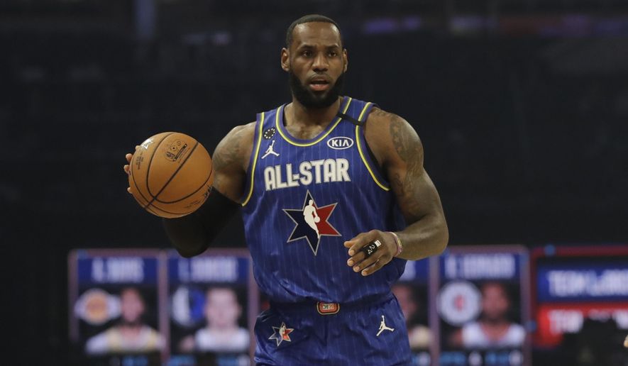 LeBron James of the Los Angeles Lakers dribbles during the first half of the NBA All-Star basketball game Sunday, Feb. 16, 2020, in Chicago. (AP Photo/Nam Huh)